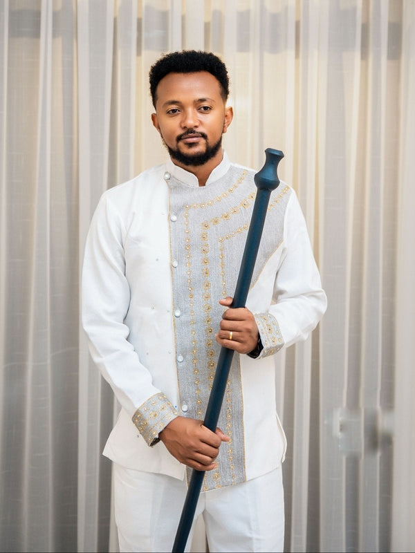 Luxurious Gold and Silver Traditional Men's Outfit Refined Ethiopian Cultural Wear Long Sleeve Shirt 868
