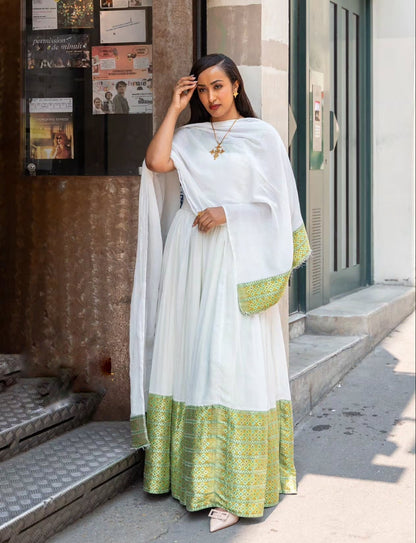 Ethiopian Traditional Dress With Shimmering Green & Gold Charming Habesha Dress 1026