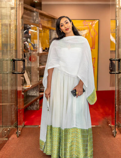 Ethiopian Traditional Dress With Shimmering Green & Gold Charming Habesha Dress 1026