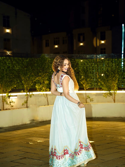 Moonlit Ivory Ethiopian Dress Elegant Habesha Traditional Embroidery & Heritage Habesha Kemis Style 1073