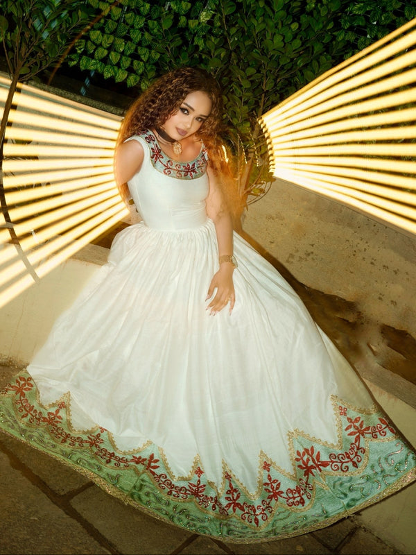 Moonlit Ivory Ethiopian Dress Elegant Habesha Traditional Embroidery & Heritage Habesha Kemis Style 1073