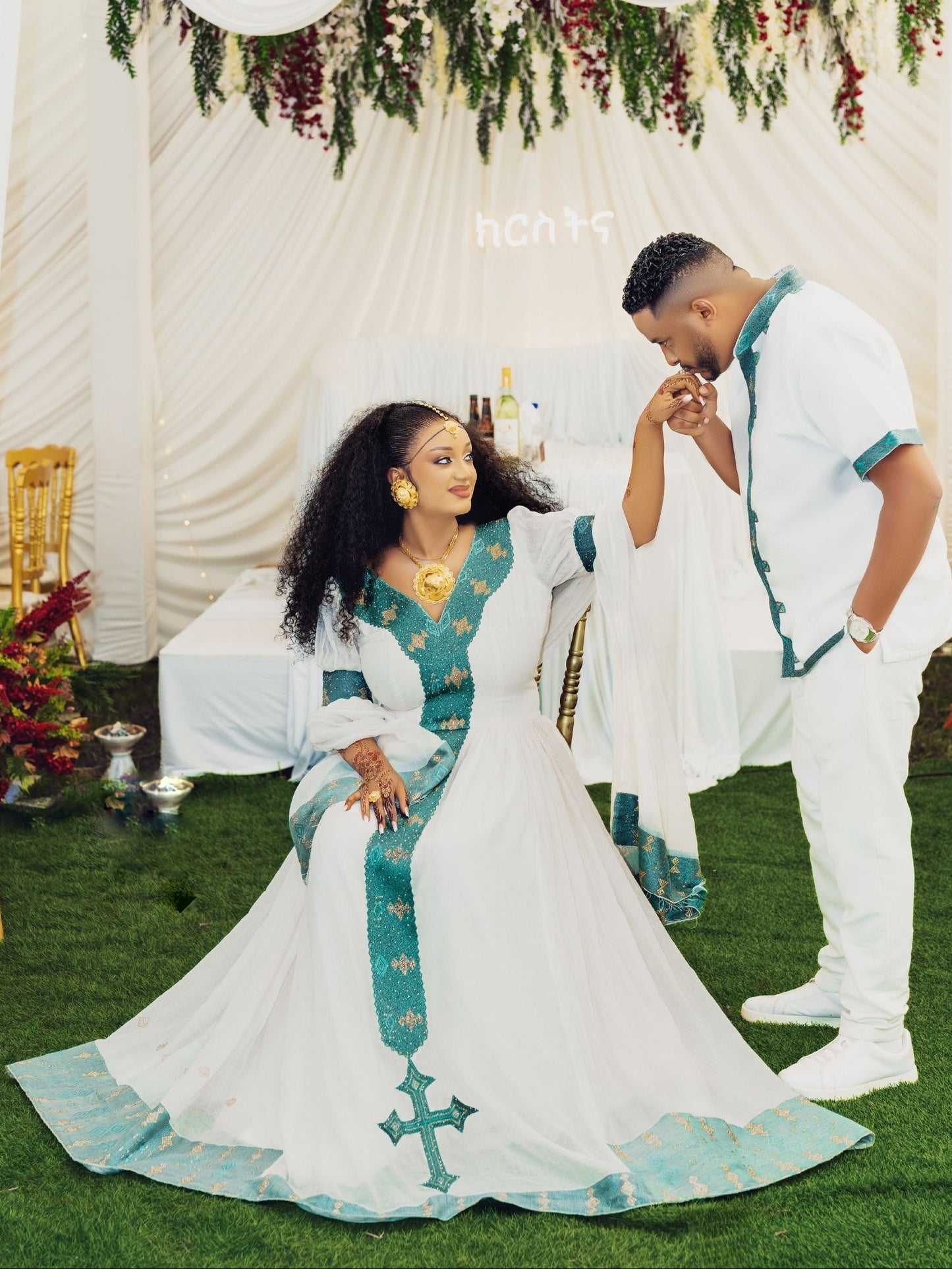Teal and Gold Geometric Cross Matching Habesha Couple Outfit V-Neck Gown And Ethiopian Men Shirt 1098