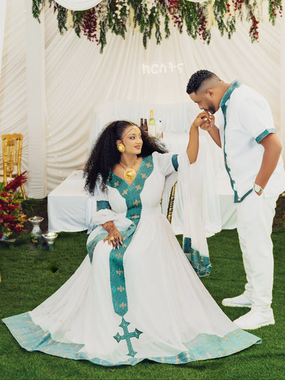 Teal and Gold Geometric Cross Matching Habesha Couple Outfit V-Neck Gown And Ethiopian Men Shirt 1098