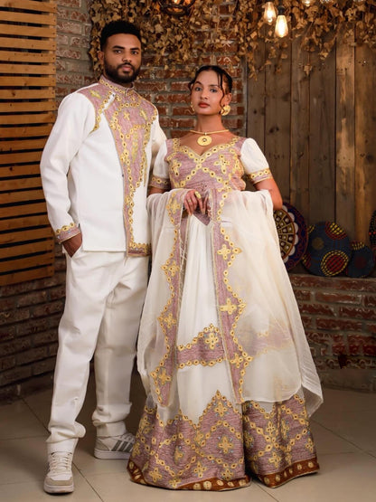 Blush Pink & Gold Cross Embroidery Habesha Couple Outfit Gown Ethiopian Men Shirt Set 1130