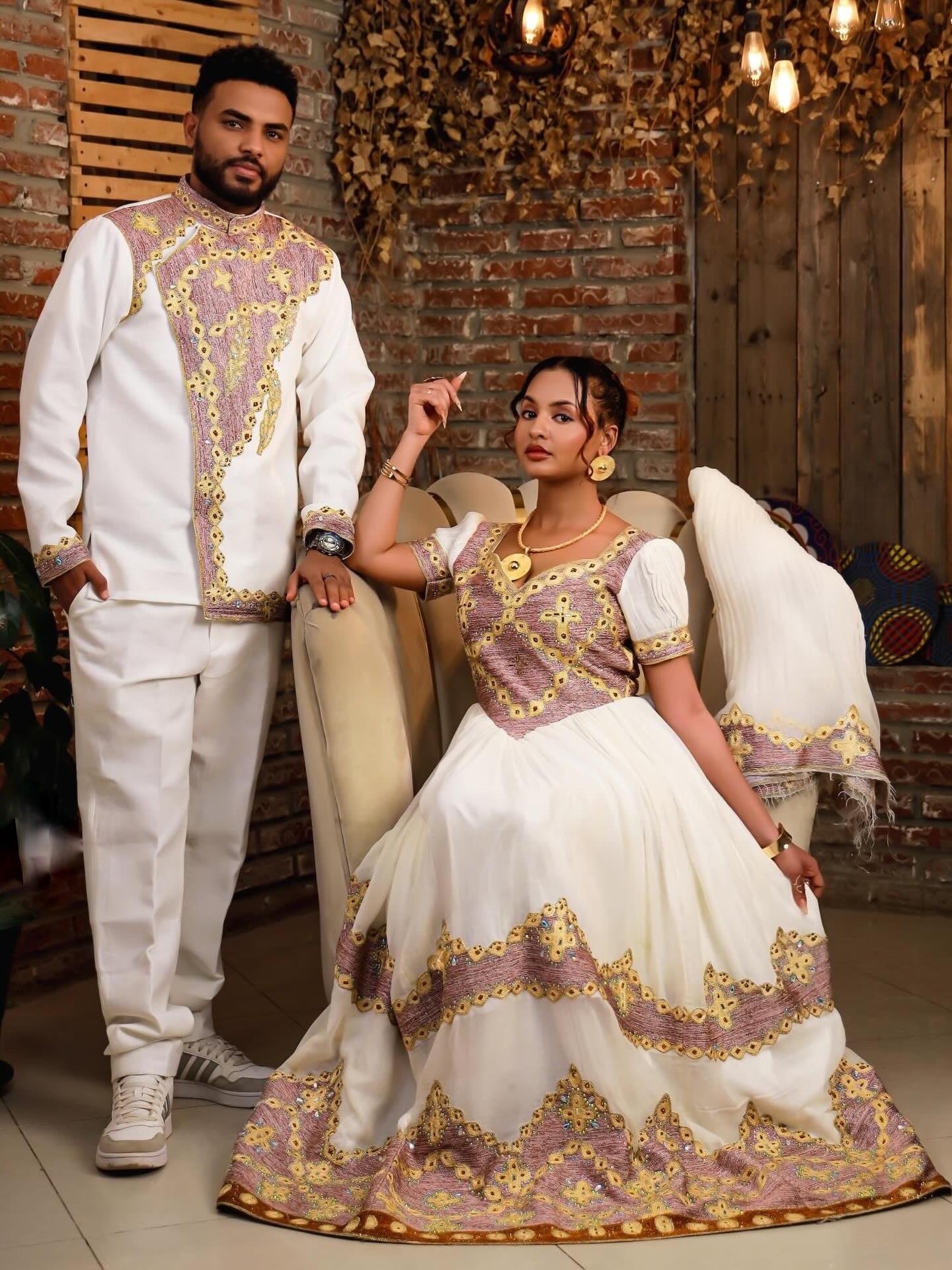 Blush Pink & Gold Cross Embroidery Habesha Couple Outfit Gown Ethiopian Men Shirt Set 1130