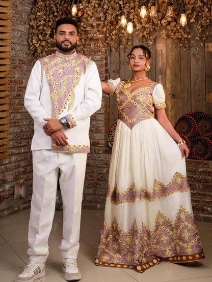 Blush Pink & Gold Cross Embroidery Habesha Couple Outfit Gown Ethiopian Men Shirt Set 1130