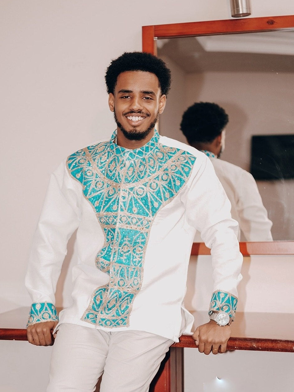 Turquoise & Gold Geometric Embroidery Ethiopian Men Shirt Long Sleeve Tunic