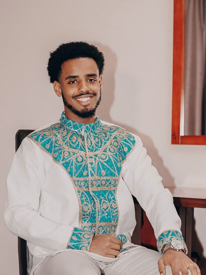 Turquoise & Gold Geometric Embroidery Ethiopian Men Shirt Long Sleeve Tunic