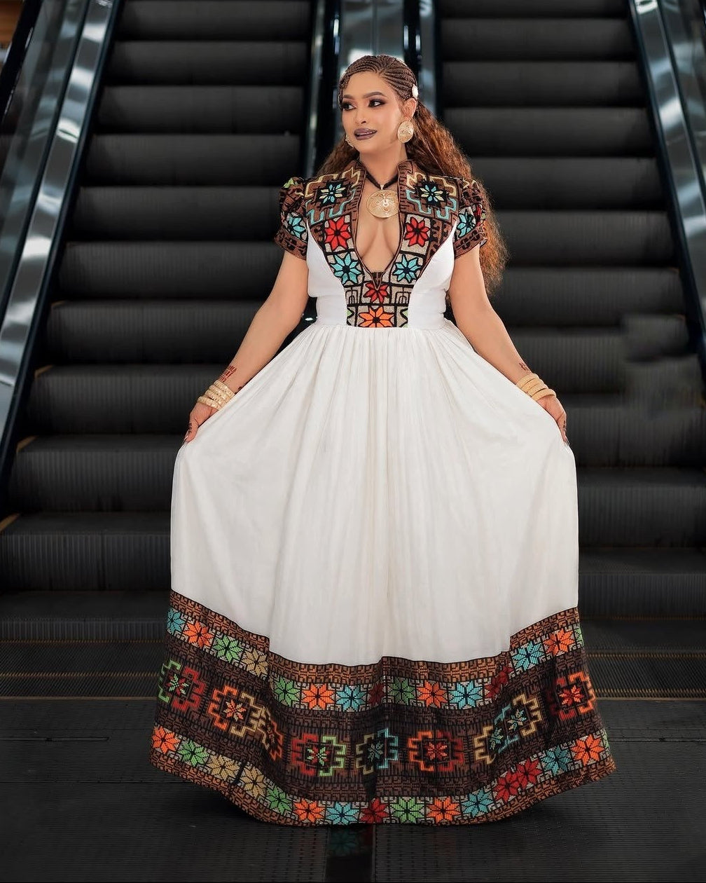Multi-Color Stained Glass Geometric Yoke Plunging V-Neck Eritrean dress Short Sleeve Gown