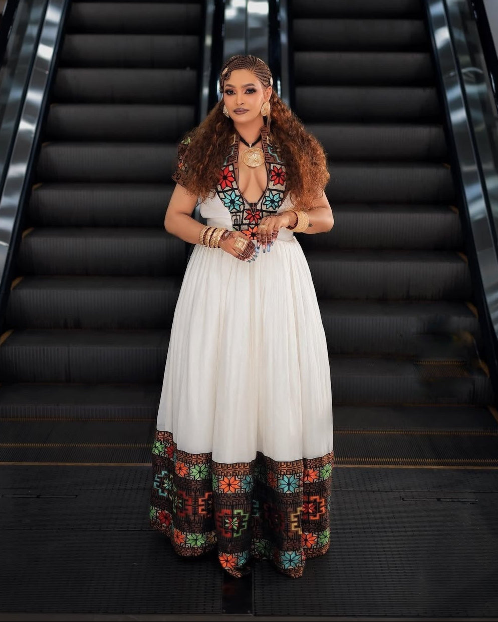 Vibrant Multi-Color Geometric Yoke Habesha kemis Artisanal Traditional Ethiopian Dress For Celebrations 1137