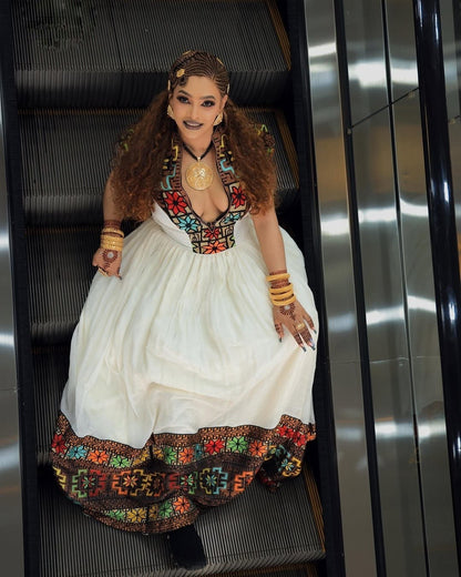 Vibrant Multi-Color Geometric Yoke Habesha kemis Artisanal Traditional Ethiopian Dress For Celebrations 1137