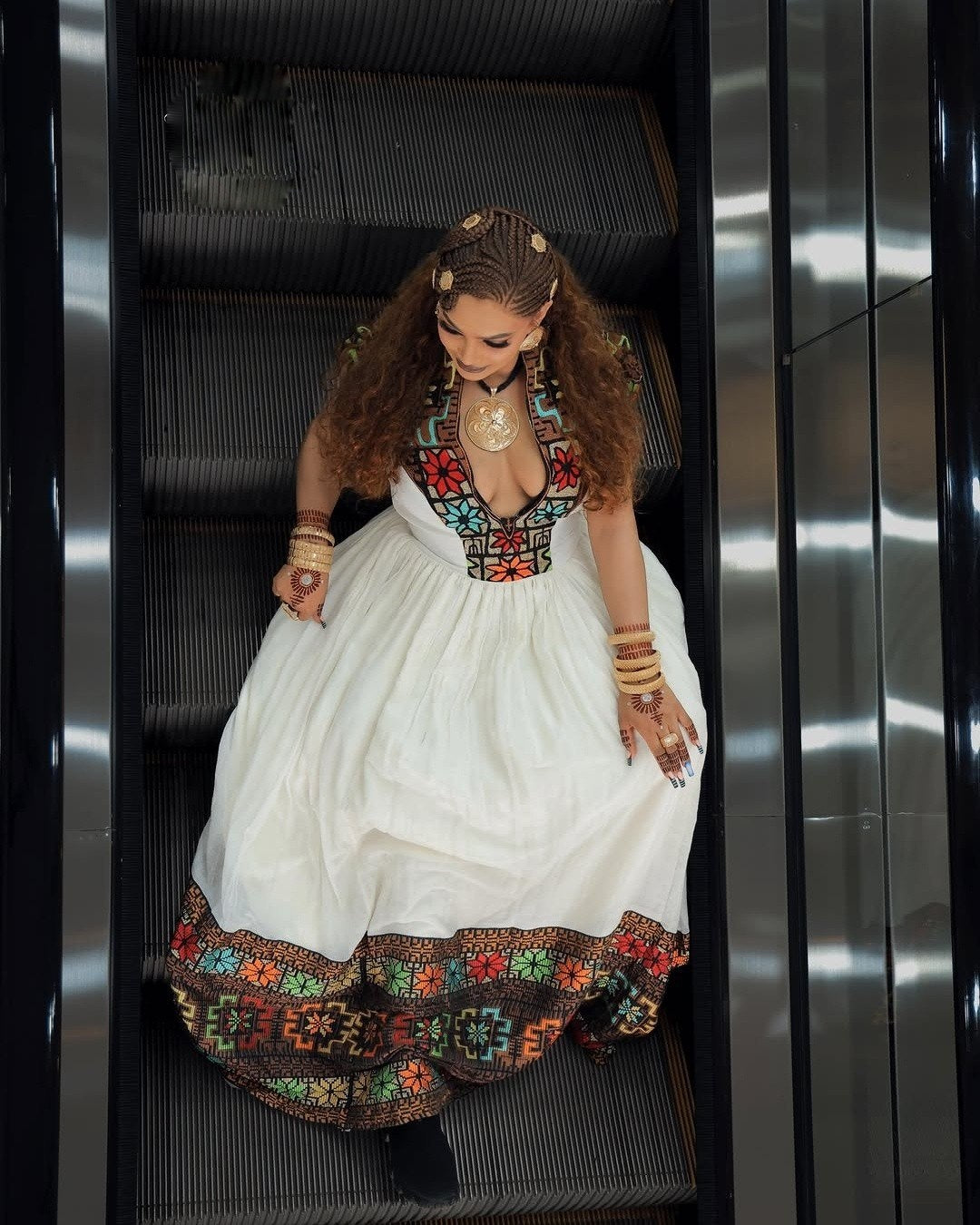 Vibrant Multi-Color Geometric Yoke Habesha kemis Artisanal Traditional Ethiopian Dress For Celebrations 1137