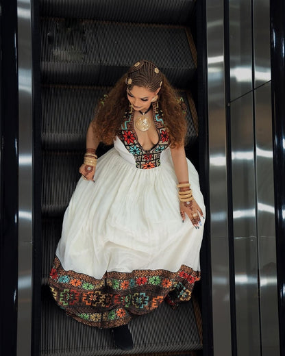 Vibrant Multi-Color Geometric Yoke Habesha kemis Artisanal Traditional Ethiopian Dress For Celebrations 1137