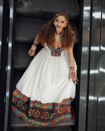 Vibrant Multi-Color Geometric Yoke Habesha kemis Artisanal Traditional Ethiopian Dress For Celebrations 1137