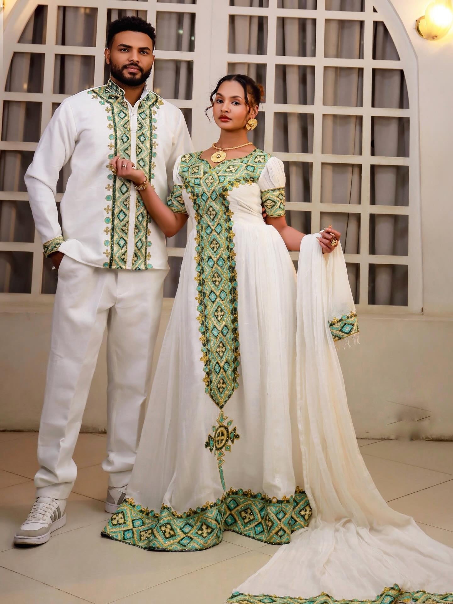 Sage Green Matching habesha couple outfit Ethiopian Couple Outfit