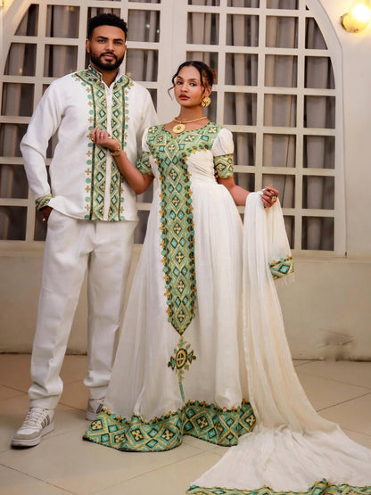 Sage Green Matching habesha couple outfit Ethiopian Couple Outfit