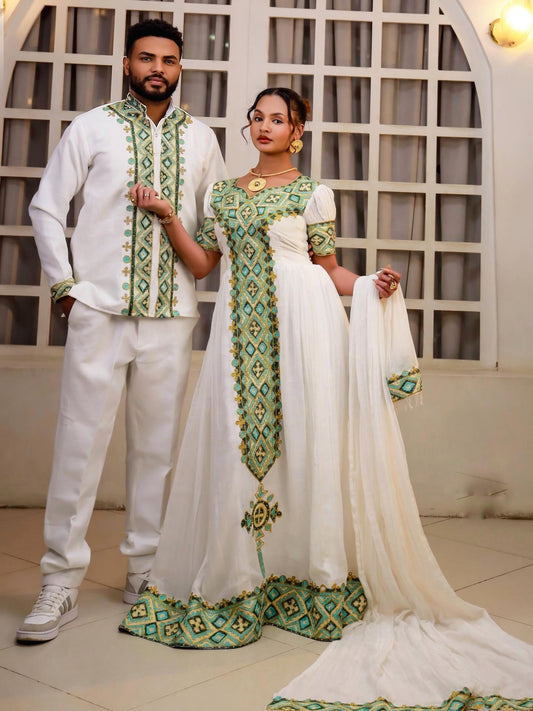 Sage Green Matching habesha couple outfit Ethiopian Couple Outfit