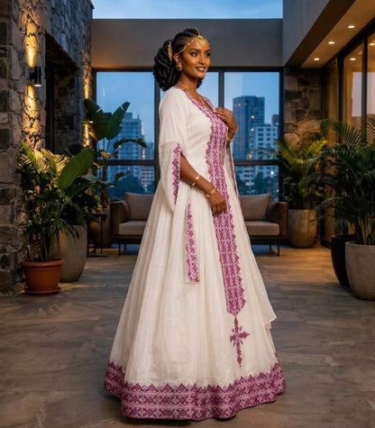AI-Generated Pink and Purple Ethiopian Dress Cross-Embroidered Habesha Kemis & Traditional Ethiopian Dress 1162