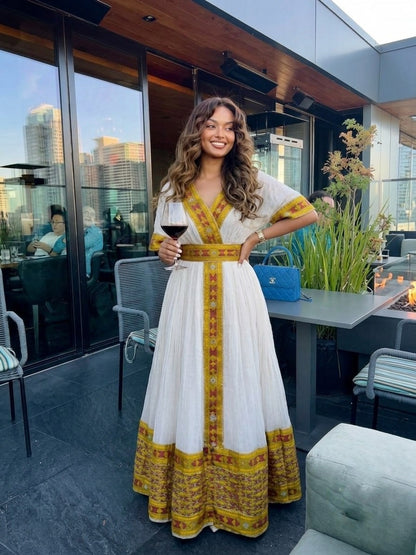 AI-Generated Modern Golden-Amber Woven Habesha Kemis Handcrafted Ethiopian Dress Concept 1163