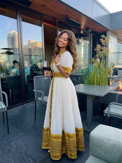 AI-Generated Modern Golden-Amber Woven Habesha Kemis Handcrafted Ethiopian Dress Concept 1163