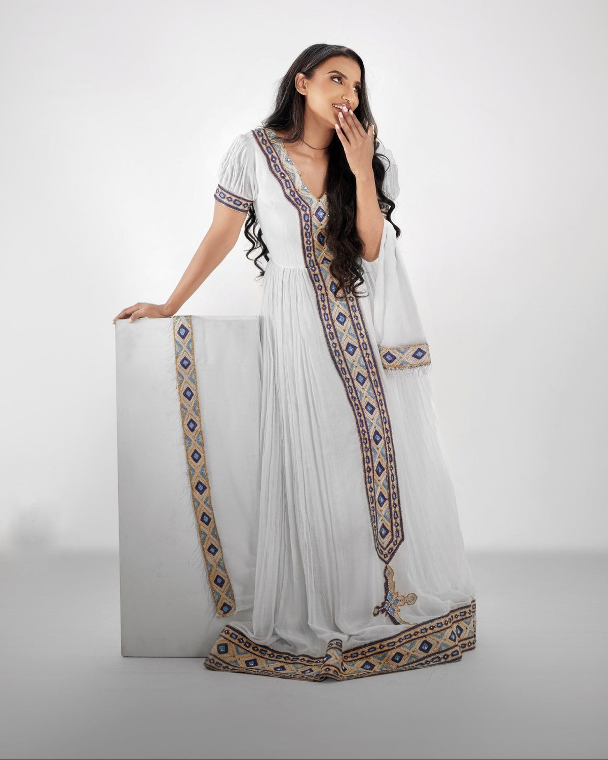 Sapphire Blue & Gold Diamond Tilf Ethiopian Clothing  V-Neck Short Sleeve Habesha dress Gown 1180