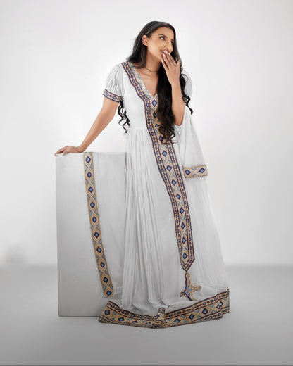 Sapphire Blue & Gold Diamond Tilf Ethiopian Clothing  V-Neck Short Sleeve Habesha dress Gown 1180
