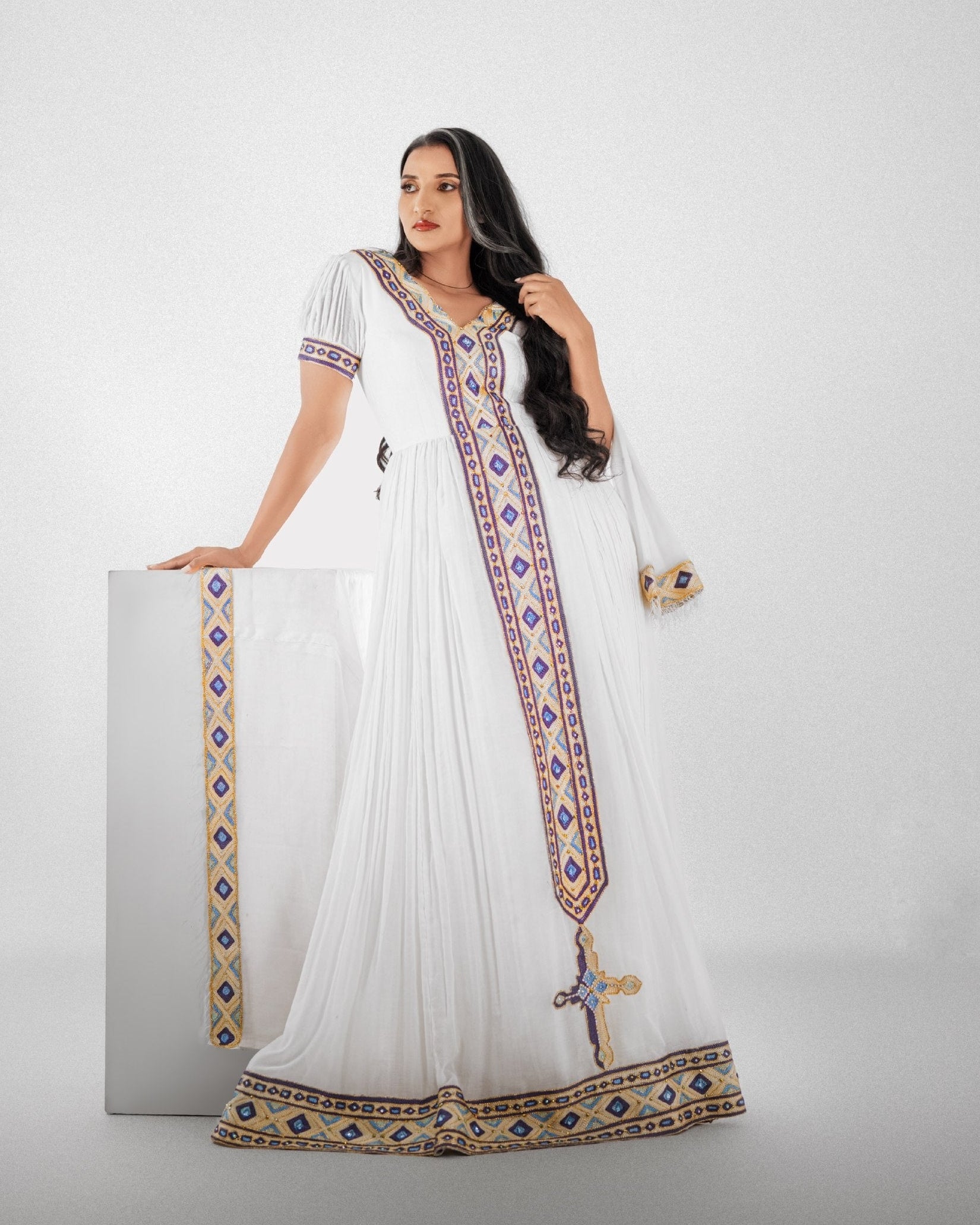 Sapphire Blue & Gold Diamond Tilf V-Neck Short Sleeve Eritrean dress Gown