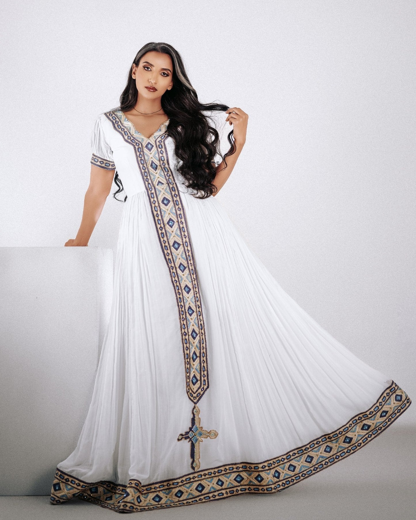Sapphire Blue & Gold Diamond Tilf Ethiopian Clothing  V-Neck Short Sleeve Habesha dress Gown 1180