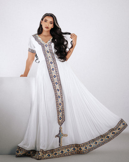 Sapphire Blue & Gold Diamond Tilf Ethiopian Clothing  V-Neck Short Sleeve Habesha dress Gown 1180
