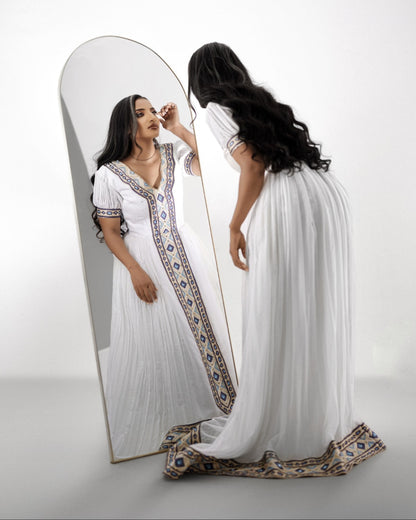 Sapphire Blue & Gold Diamond Tilf Ethiopian Clothing  V-Neck Short Sleeve Habesha dress Gown 1180