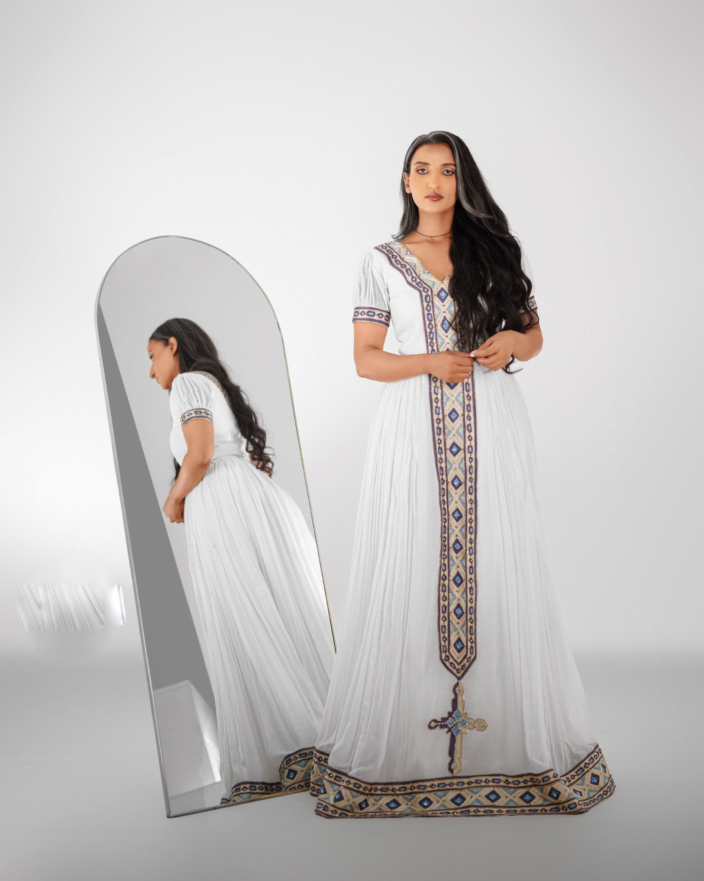 Sapphire Blue & Gold Diamond Tilf Ethiopian Clothing  V-Neck Short Sleeve Habesha dress Gown 1180