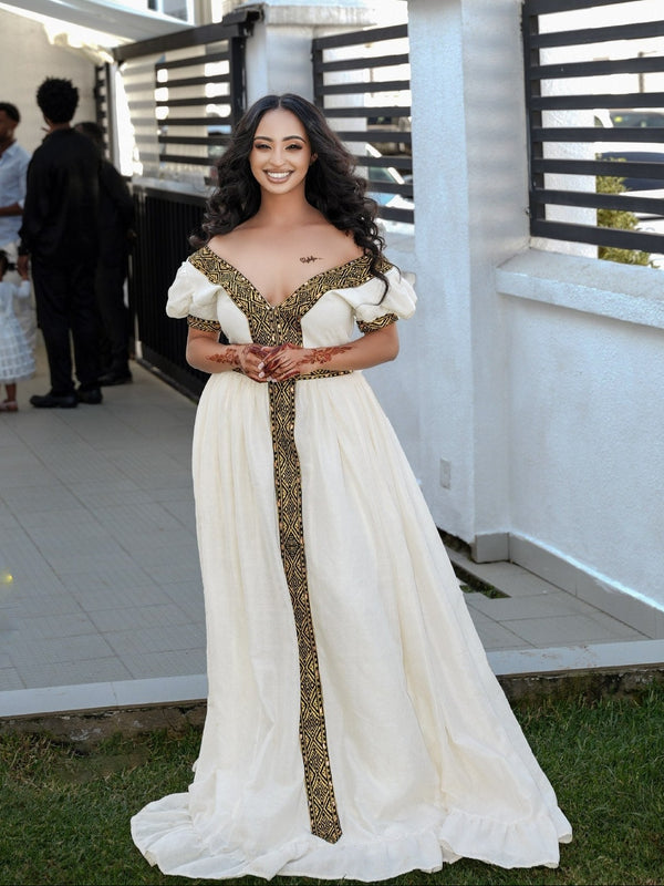Off-Shoulder Black & Gold Trimmed Ballgown Pure habesha cloth
