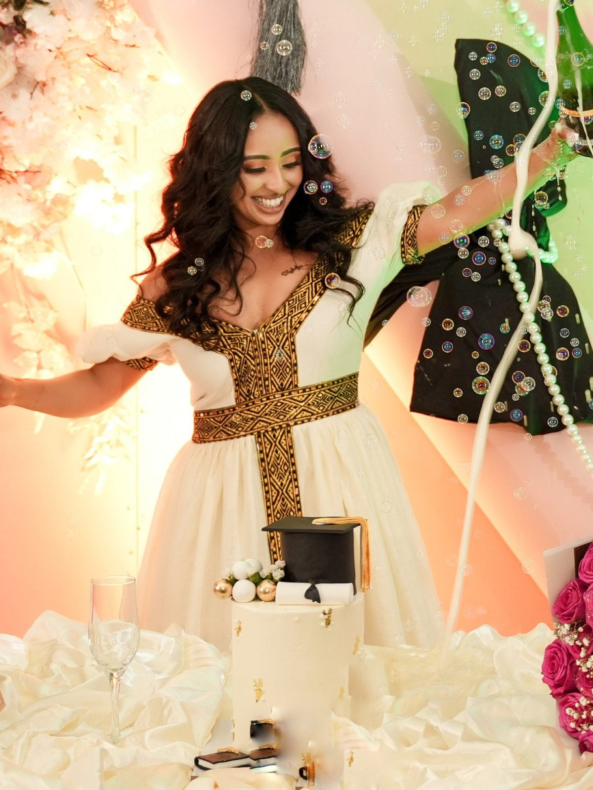 Black & Gold Embroidered Habesha Kemis Off-Shoulder Sweetheart Gown with Central Tapestry Column Ethiopian dress 1290