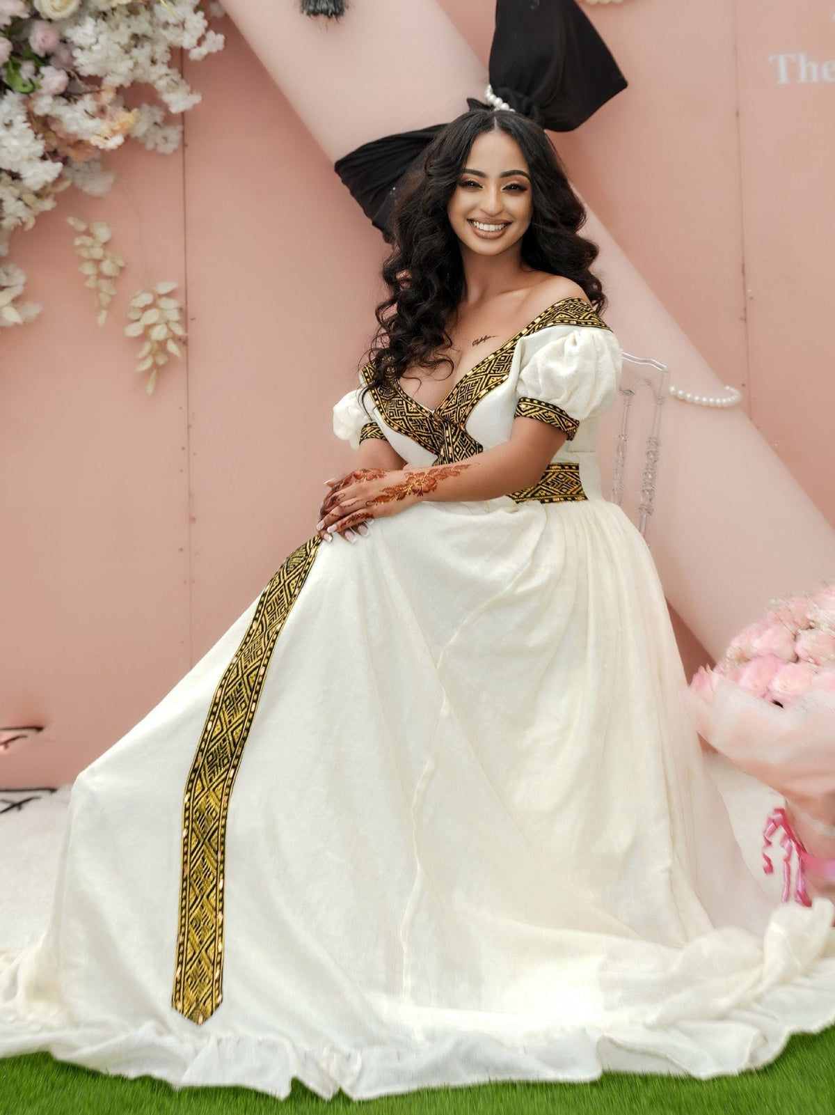 Black & Gold Embroidered Habesha Kemis Off-Shoulder Sweetheart Gown with Central Tapestry Column Ethiopian dress 1290