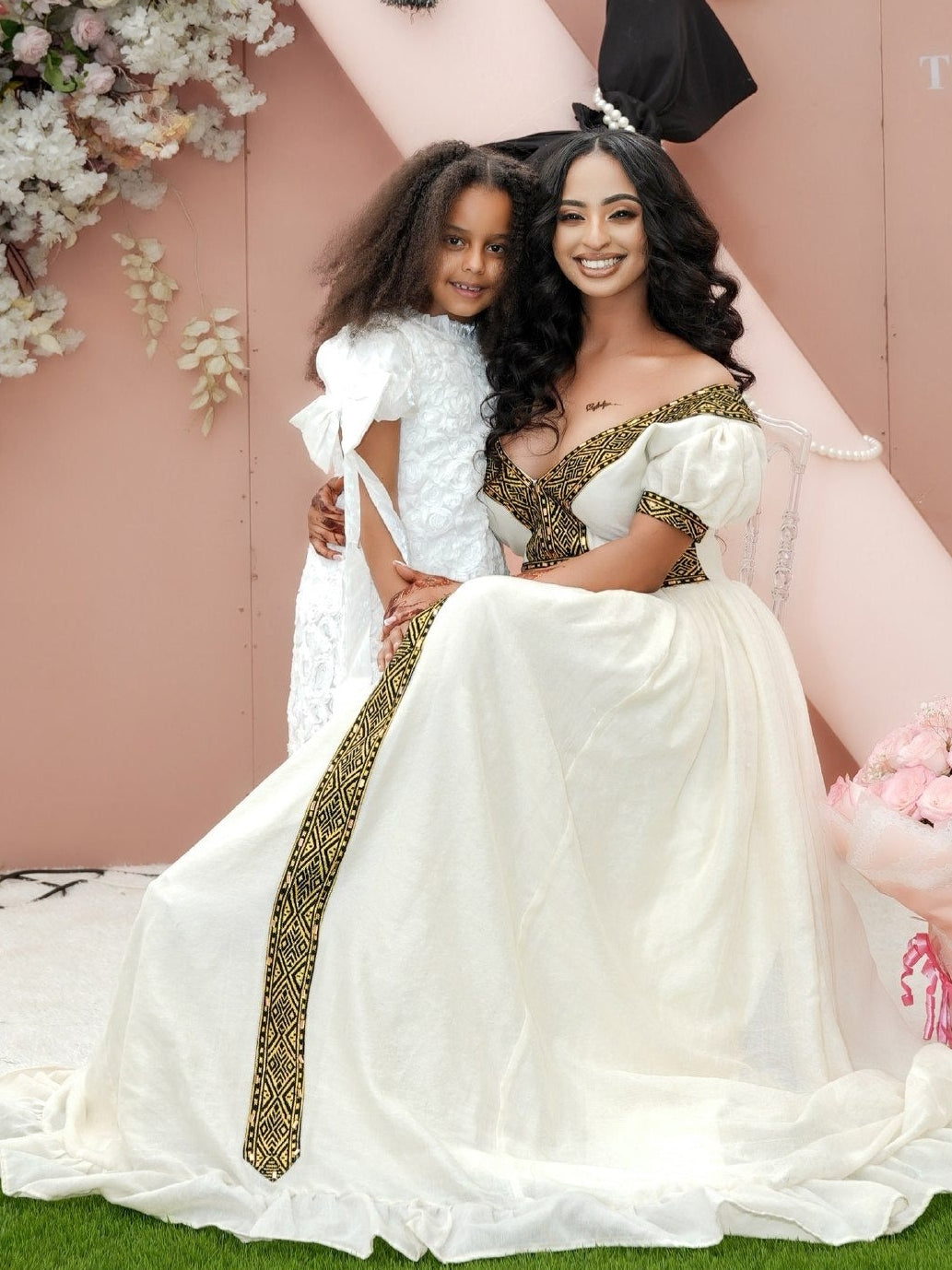 Black & Gold Embroidered Habesha Kemis Off-Shoulder Sweetheart Gown with Central Tapestry Column Ethiopian dress 1290