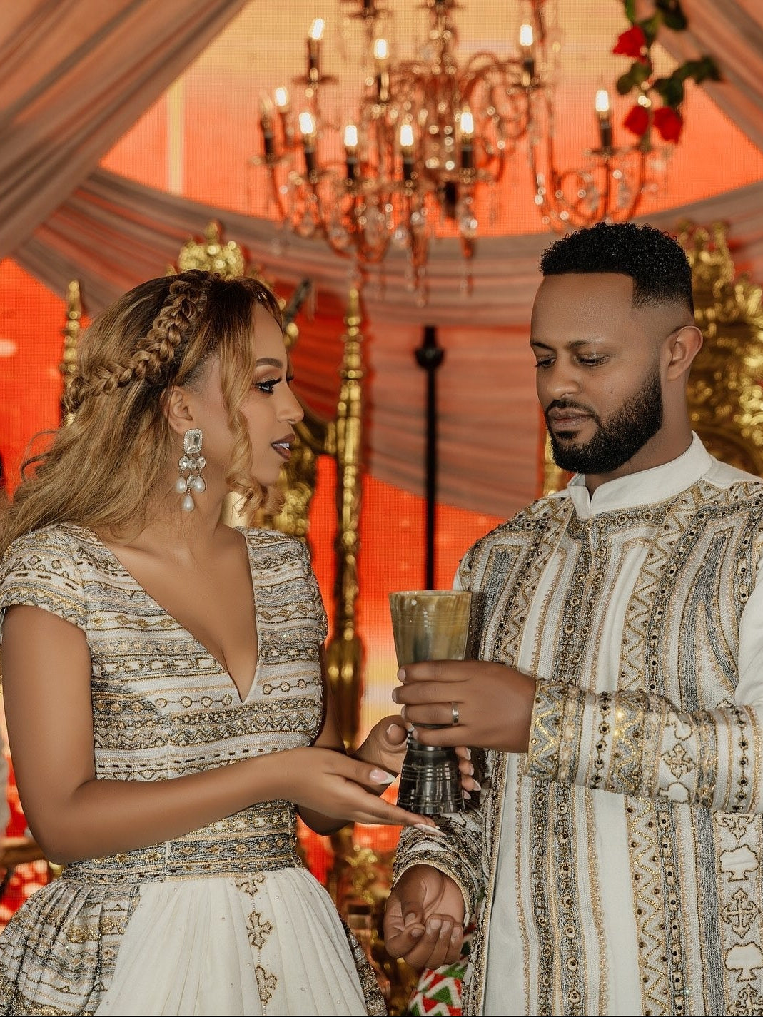 Regal Oromo Traditional Matching Couple's Set with Silver & Gold Intricate Embroidered Gown & Men's Suit Oromo traditional attire 1303