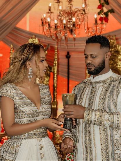 Regal Oromo Traditional Matching Couple's Set with Silver & Gold Intricate Embroidered Gown & Men's Suit Oromo traditional attire 1303