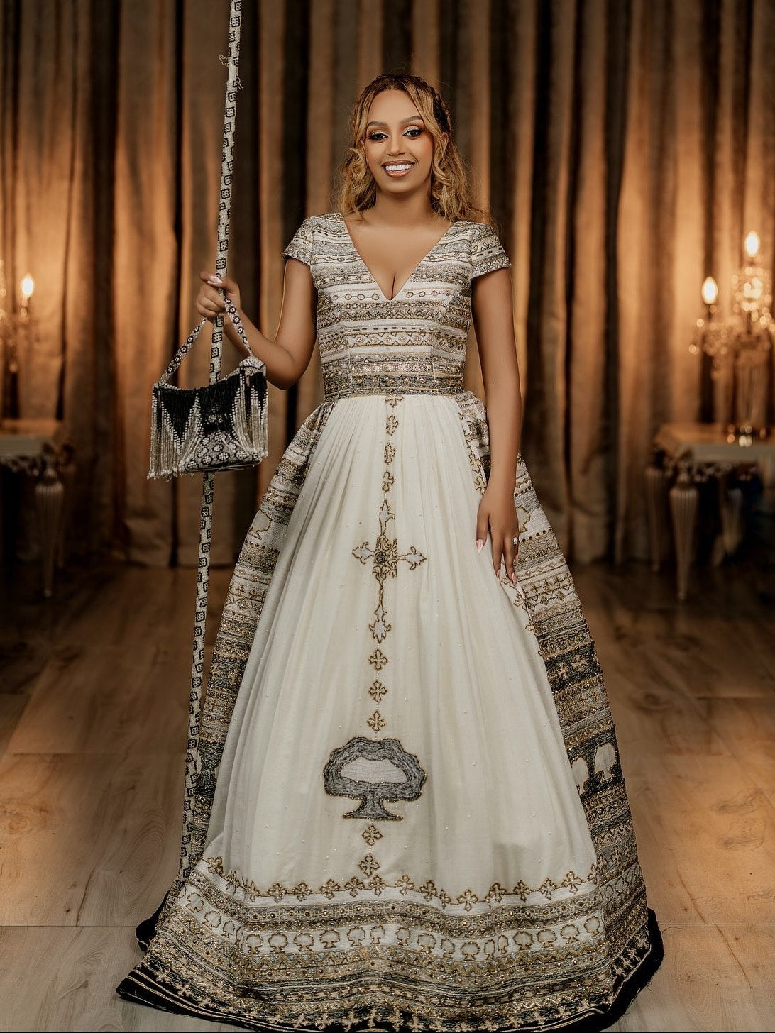 Regal Oromo Traditional Matching Couple's Set with Silver & Gold Intricate Embroidered Gown & Men's Suit Oromo traditional attire 1303