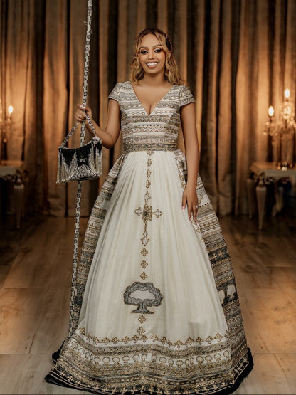 Regal Oromo Traditional Matching Couple's Set with Silver & Gold Intricate Embroidered Gown & Men's Suit Oromo traditional attire 1303