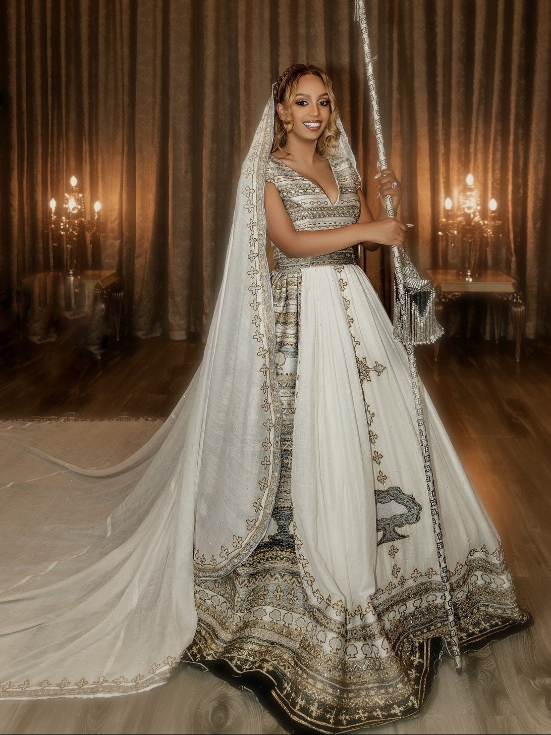 Regal Oromo Traditional Matching Couple's Set with Silver & Gold Intricate Embroidered Gown & Men's Suit Oromo traditional attire 1303