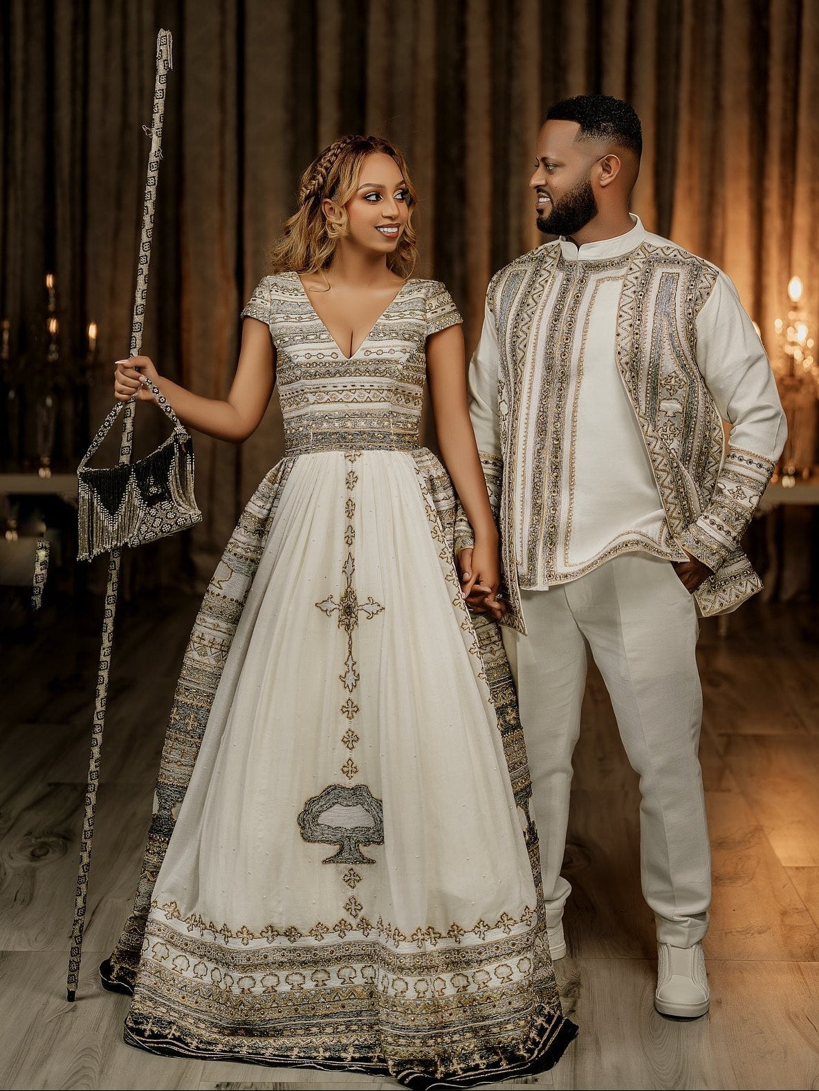 Regal Oromo Traditional Matching Couple's Set with Silver & Gold Intricate Embroidered Gown & Men's Suit Oromo traditional attire 1303