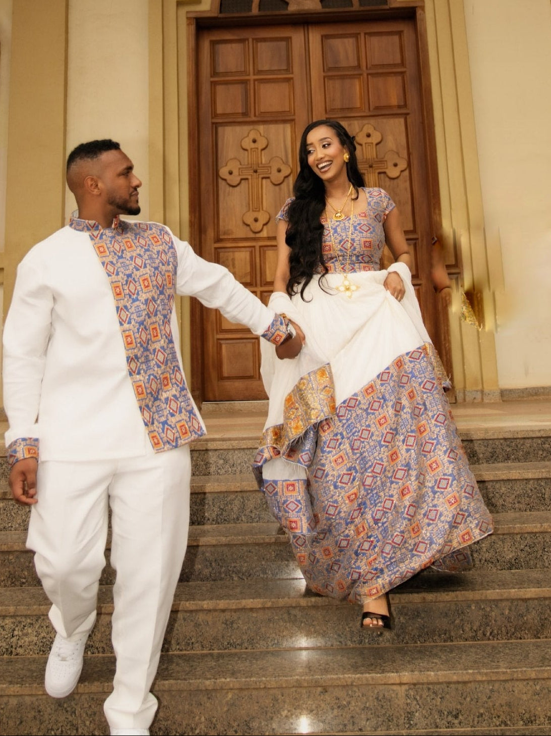 Royal Blue & Gold Geometric Matching Couple Set | Pure habesha cloth