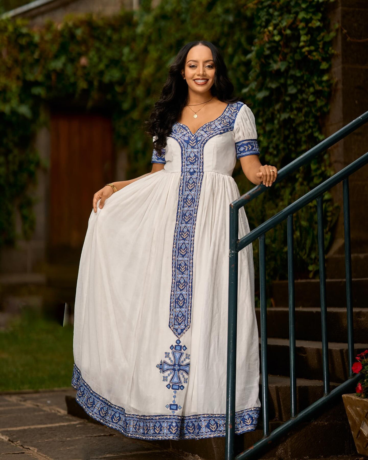 Sapphire Blue & Gold Embroidered Cultural Gown Pure habesha cloth