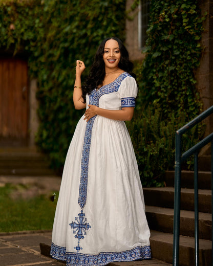 Ethiopian traditional dress Sapphire Blue & Gold Embroidered Short-Sleeve Habesha Dress with Central Cross 1332