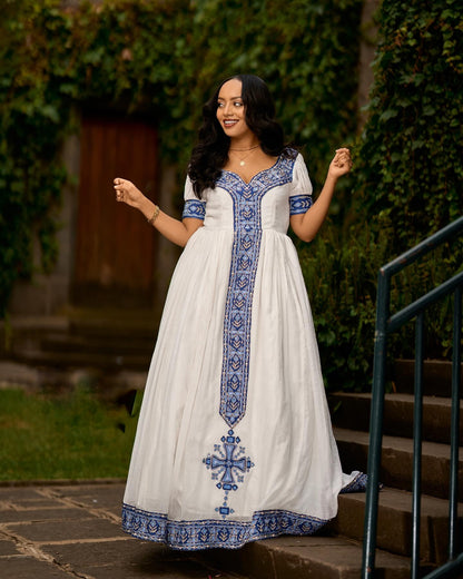 Ethiopian traditional dress Sapphire Blue & Gold Embroidered Short-Sleeve Habesha Dress with Central Cross 1332