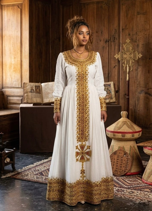 Imperial Golden Cross Habesha Kemis for Women Handcrafted Ethiopian Inspired Traditional Dress 955