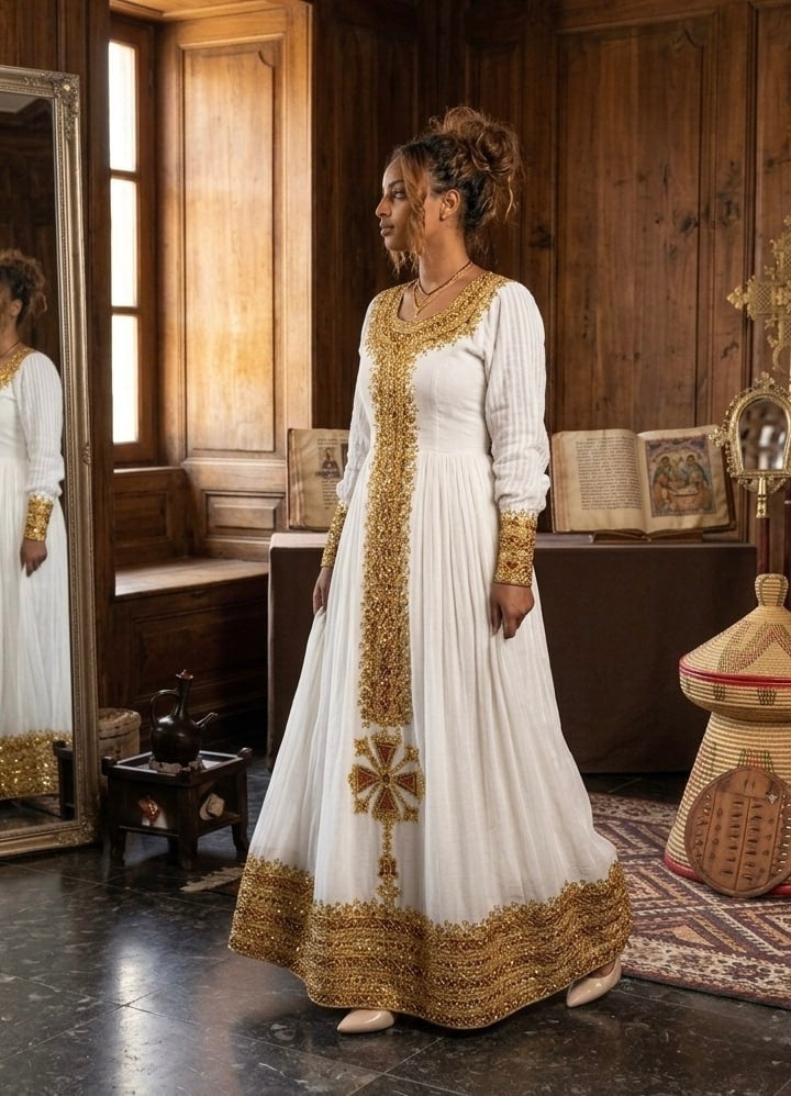 Imperial Golden Cross Habesha Kemis for Women Handcrafted Ethiopian Inspired Traditional Dress 955