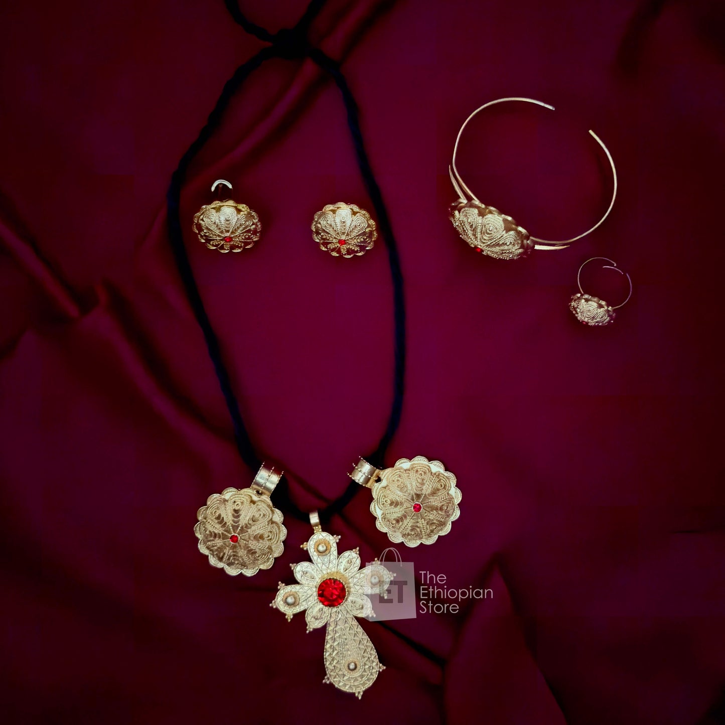 4-Piece Traditional Ethiopian Jewelry Golden Color Habesha Jewelry Set Includes Necklace, Earrings, Ring and Bracelet