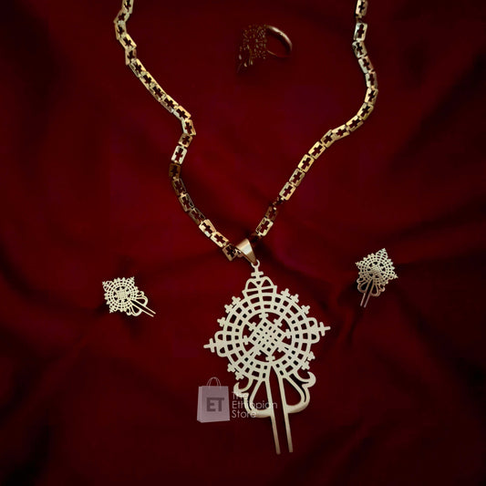 3-Piece Cross Design Golden Color Traditional Ethiopian Jewelry Habesha Jewelry Set Includes Necklace, Earrings and  Ring