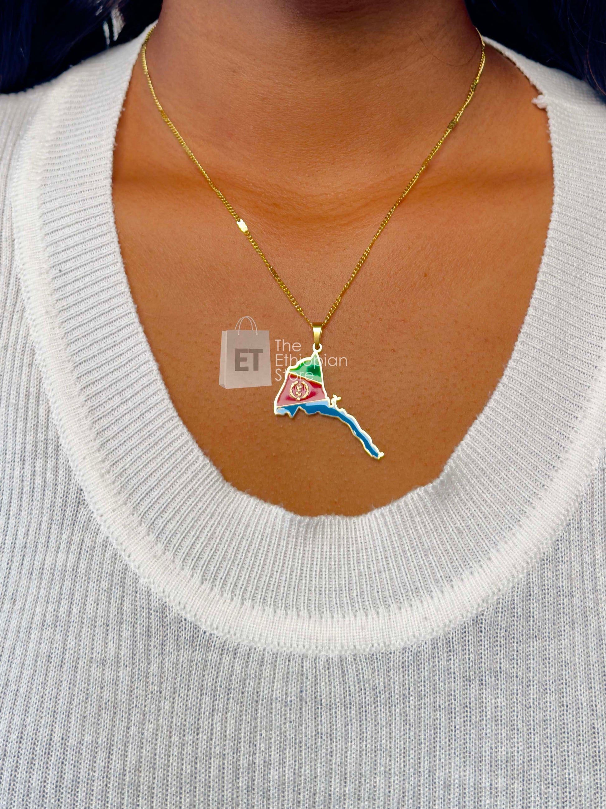 Gold Colored Eritrean Flag Engraved on Its Map Necklace